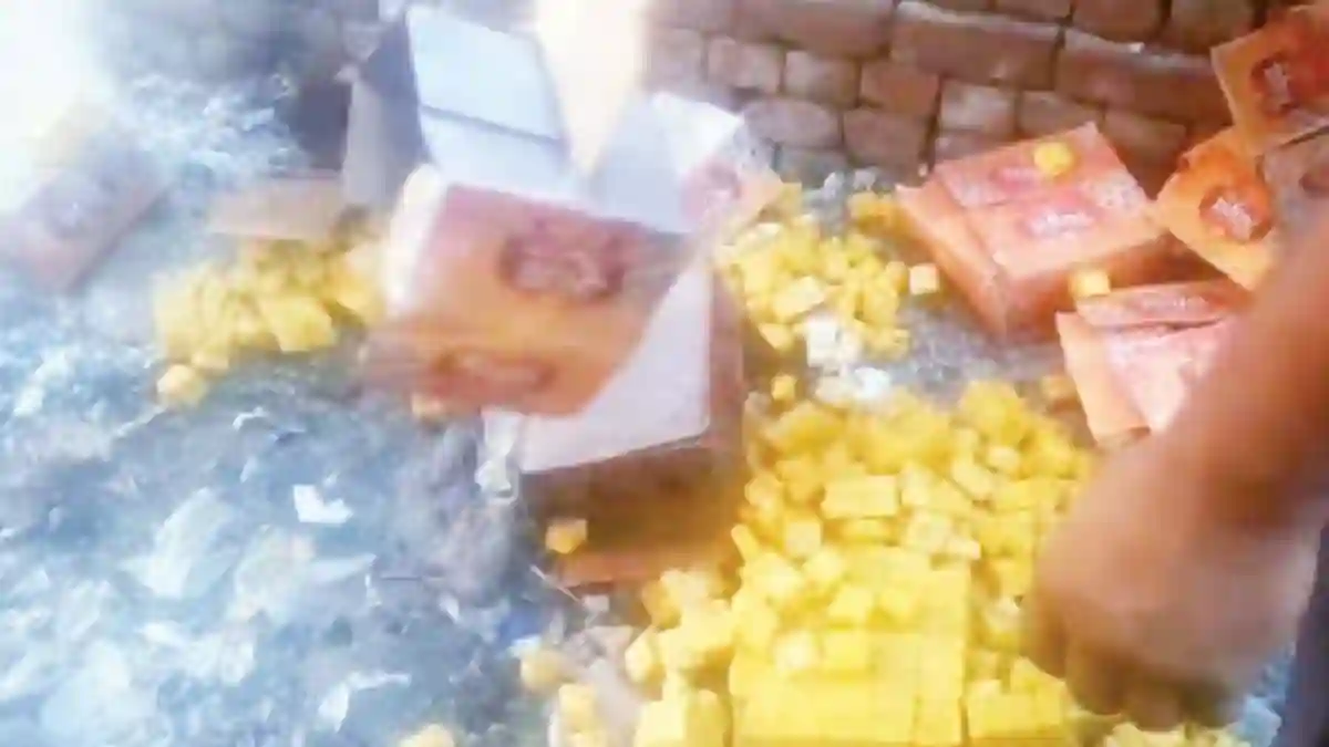 एम्स थाना क्षेत्र में एक दुकान से पकड़ी गई एक्सपायर सोन पापड़ी नष्ट कराती खाद्य सुरक्षा विभाग की टीम.